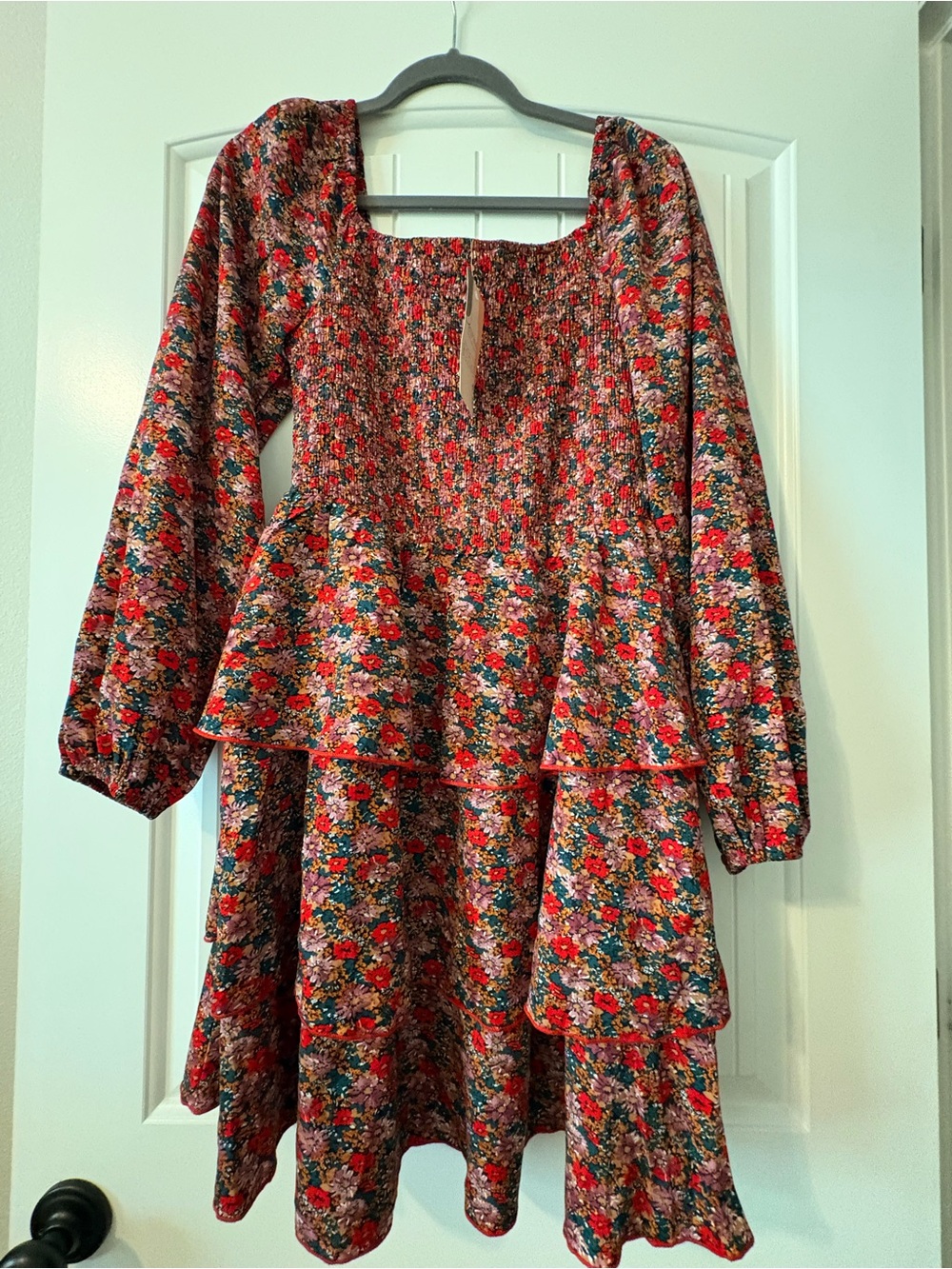 Women’s Floral Long Sleeve Tiered Dress in Red